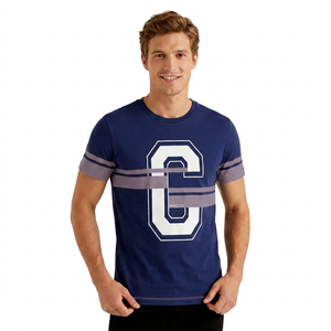 Men's <b>Navy</b> Blue Short Sleeve T-Shirt With White Letter C Print And Red Stripes Contrast Trim Casual O-Neck Design - Product Image 4