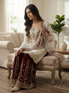 Ensemble salwar kameez en soie blanche avec pantalon en velours rouge et broderies dorées pour femmes, idéal pour les mariages et les fêtes - Product Image 4