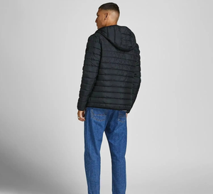 Men's Hooded Puffer <b>Jacket</b> Windproof Solid Color Casual <b>Winter</b> Outerwear Regular Fit Zipper Closure Polyester Material - Product Image 3