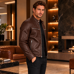 <b>Men</b>’s Brown <b>Genuine</b> <b>Leather</b> Biker <b>Jacket</b> with Zip Pockets | Braune Herren-Motorradjacke aus Echtleder - Product Image 2