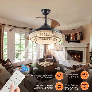48\" Contemporary Crystal LED <b>Ceiling</b> <b>Fan</b> <b>Remote</b> <b>Control</b> 6-Speed Quiet Reversible DC Motor 4 Blades for Kitchen Dining Room - Product Image 4