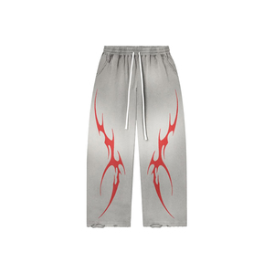 Conjunto de Pantalones Deportivos Grises con Cordón para Hombre, Estampado Tribal Rojo, Dobladillo Deshilachado, Suéter Tejido Transpirable, Suéter Vintage con Cuello Redondo - Product Image 3