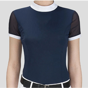 Camisa de equitación para mujer, corte ajustado, que absorbe la humedad, manga corta, color azul marino sólido con ribete blanco - Product Image 5
