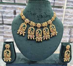 South Indian Wedding Bridal Antique Gold Plated Temple Jewelry Set Green Enamel <b>Elephant</b> Peacock Motif <b>Necklace</b> Dangle Earrings - Product Image 1