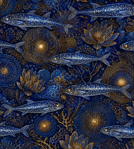 Tissu en coton imprimé motifs marins complexes, vendu au mètre, vagues océaniques, textile marin sous-marin pour couture et décoration - Product Image 1