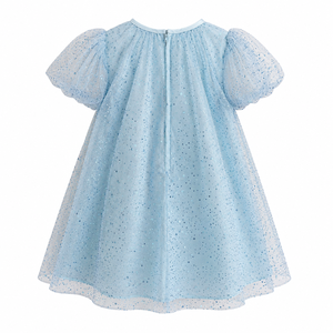 Girls Light Blue Dot <b>Print</b> Tulle Puff Sleeve A-Line Dress Round Collar <b>Mini</b> Summer Cute Style - Product Image 4