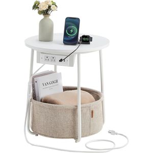 Tavolino da Salotto con Stazione di Ricarica, Tavolino Rotondo con Cesto in Tessuto e Porte USB - Product Image 1