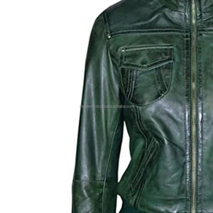 Blouson aviateur en cuir vert de haute qualité OEM pour femmes grande taille style hiver léger avec fermeture à glissière en vente au Pakistan - Product Image 5