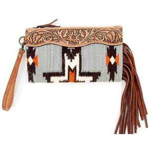 Bolso de Mano Tipo Clutch de Cuero Repujado y Lana con Estampado Azteca, Hecho a Mano, con Flecos de Perlas, Impermeable - Product Image 1