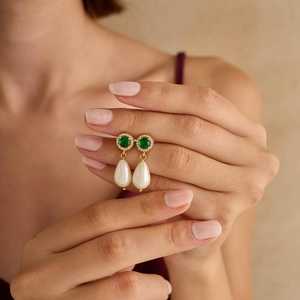 <b>Emerald</b> Pave <b>Drop</b> Pearl <b>Earrings</b> 925 Sterling Silver 14K Gold Plated Wedding Jewelry For Women Elegant Gift - Product Image 3