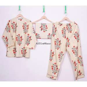 Conjunto de Pijama para Mujer, Hecho a Mano, con Estampado Floral, Manga Tres Cuartos, Cuello en V, Cintura Elástica, Suave y Transpirable, 100% Algodón - Product Image 6