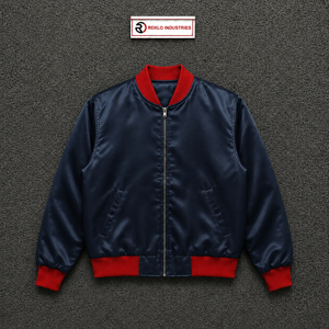 Chaqueta Varsity Azul Marino Satinado con Cuello, Puños y Cinturón Rojos Acanalados, Chaqueta Bomber Brillante Premium Personalizada al por Mayor para Hombre - Product Image 5