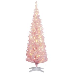Albero di Natale Artificiale Sottile da 1,5 m con Luci LED Bianco Caldo e Rami Innevati Rosa - Decorazioni Natalizie - Product Image 1