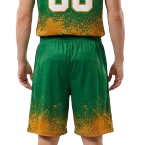 Ensemble d'uniformes de basketball personnalisés pour hommes, vert et or, maillot sans manches à col en V et short, imprimé éclaboussures, nom et numéro de l'équipe, vente en gros de tenues d'équipe - Product Image 4