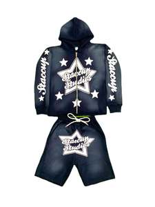 Ensemble sweat à capuche et short délavé à l'acide, logo personnalisé, tissu polaire, survêtements streetwear pour hommes, ensembles sweat à capuche et short - Product Image 3