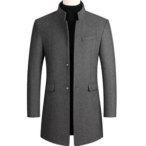 Manteau long en laine gris pour femme, col montant, élégant, chaud et uni pour l'hiver - Product Image 3