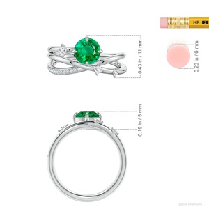 Designer 14K Solid Gold 6.5mm 1.22CT Round Cut Natural Emerald Gemstone & Diamond Crossover <b>Statement</b> <b>Ring</b> for Weddings Parties - Product Image 3