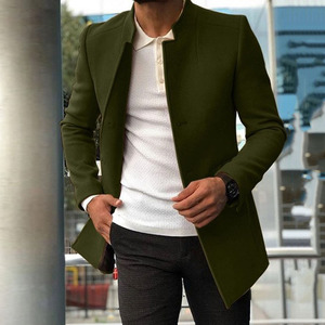 Men's Blue Mandarin Collar Shirt <b>Jacket</b> Slim Fit <b>Smart</b> Casual Polyester Blazer Spring Wear Regular Sleeve Solid Color - Product Image 2