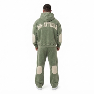 Conjunto de chándal de dos piezas para hombre: sudadera con capucha extragrande con cremallera y efecto lavado, y pantalones de chándal de pierna ancha. - Product Image 2