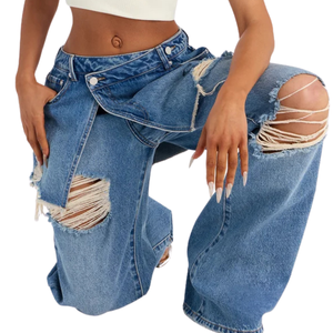 Pantalones Vaqueros de Mezclilla Lavada para Mujer, Cintura Media, Pierna Ancha, Detalles Desgastados y Rotos, Estilo Casual Urbano, Ajuste Holgado, Azul, Otoño, 100% Mezclilla - Product Image 5