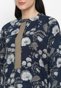 Summer Sale Navy Cotton <b>Lounge</b> Wear <b>Dress</b> Hand Block Printed Beige Floral Long Sleeves Floor-Length Natural Waistline Front Zip - Product Image 5