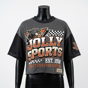 Camiseta Corta de Jersey de Algodón Premium de 220 g/m² para Mujer, Color Gris con Paneles Negros, Estilo Urbano, Logotipo Personalizado, Transpirable - Product Image 1