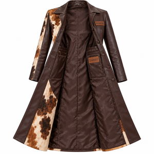 Abrigo Largo Estilo Duster con Estampado de Vaca Occidental y Parches de Cuero, con Botones al Frente, para Mujer, Fabricación Personalizada OEM - Product Image 5