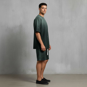 Ensemble court homme streetwear personnalisé OEM, imprimé, respirant, poids moyen, écologique, uni, manches courtes, 100% coton, effet délavé - Product Image 3