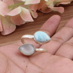 Wholesale Natural Larimar and Moonstone Classic Wedding Stacking <b>Ring</b> 925 Sterling Silver Sea Life Jewelry for Women - Product Image 1