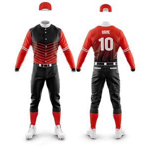 Custom Baseball Uniform Full Sleeve Red Black Striped Sublimated Print Breathable Fitted Men's All Season Apparel - Product Image 1