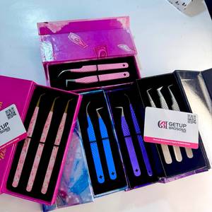 Pince à épiler pour cils GETUP BROSONS durable 10 mm avec grip diamanté, en acier inoxydable thermolaqué rose, violet, bleu, pointe de précision lisse, avec boîte - Product Image 3