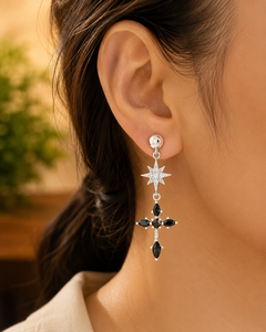 Pendientes Colgantes de Plata de Ley 925 con Cruz de Estrella y Gema Negra Marquise, Joyería para Mujer para Bodas y Fiestas - Product Image 3