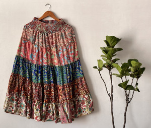 Women's Summer Bohemian Style Silk Maxi <b>Skirt</b> Flowy <b>Patchwork</b> Tiered Layer Casual Comfortable High Waist - Product Image 2