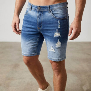 Shorts Bermuda Homme Bleu Déchiré en Tricot Taille Mi-Haute avec Cordon de Serrage Décontracté Écologique pour la Gym 100% Coton Tissé Respirant - Product Image 4