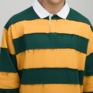 Customized Plus Size <b>Men's</b> <b>Long</b> <b>Sleeve</b> Knitted <b>Polo</b> <b>Shirt</b> Color Block Striped Distressed Patched Casual Green Yellow Rugby <b>Shirt</b> - Product Image 3