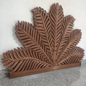 Cabecero de Cama de Madera Tallada a Mano con Acabado Marrón, Diseño de Hoja de Palma en Forma de Media Luna, Tamaño Queen, Decoración de Pared para el Hogar - Product Image 3