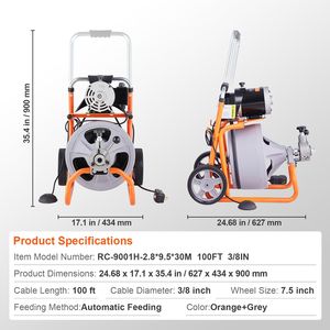 Macchina Portatile per la Pulizia degli Scarichi con 8 Lame, 30 Metri x 3/8 Pollici, Alimentazione Automatica, Ruote per la Pulizia delle Fognature - Product Image 4