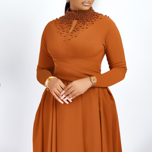 Nouvelle Collection Robes de Soirée Africaines pour Femmes, Couleur Unie, Manches Longues, Grande Taille, Ornées de Perles, Style Balançoire, Vente en Gros pour Mariages - Product Image 3