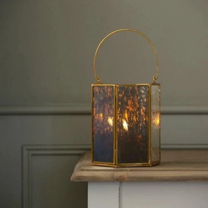 Royal Style Square Metal Mercury Glass <b>Lantern</b> <b>Candle</b> Holder with Gold Frame and Frosted Glass Panels for Home Decoration - Product Image 1