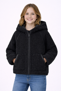 Veste à capuche en polaire Teddy pour filles noires, manteau d'hiver doux en sherpa zippé pour enfants, vêtement d'extérieur en peluche confortable et chaud avec poches avant - Product Image 4