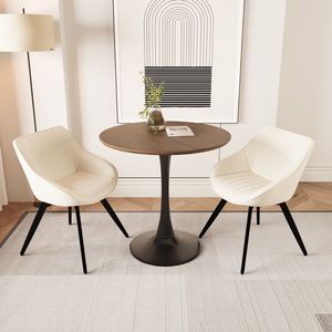 31.5\" <b>Walnut</b> Color MDF Round Dining <b>Table</b> 2 Black Metal Leg Tulip Design 2 Artificial Leather Decorative Chairs-Dining Room Set - Product Image 1