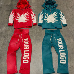 Ensemble de survêtement à capuche pour enfants, motif flamme, bleu marine et orange, 2 pièces, sweat-shirt à capuche et pantalon de jogging, tenue personnalisable avec logo, ensembles streetwear - Product Image 2