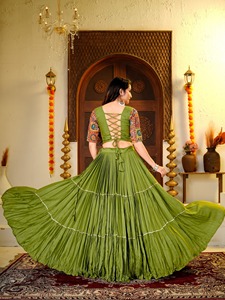 Green Embroidered <b>Lehenga</b> Set Pleated Skirt Traditional Indian Pakistani Wear <b>Women</b> Adult Size Floor-Length Cotton Party Quick - Product Image 5