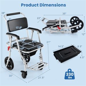 Sedia a rotelle comoda 4-in-1 per anziani, in alluminio antiruggine da 10 pollici, manuale, pieghevole, per letto/doccia/sedile WC rialzato, capacità 330 libbre - Product Image 5