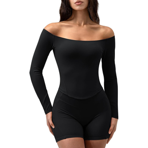 Women Seamless <b>Black</b> Off-The-Shoulder <b>Long</b> Sleeve Yoga <b>Top</b> With Cut-Out Design Solid Color Skinny Fit Activewear - Product Image 3