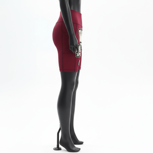 Shorts de mujer de algodón premium con elastano, color granate, con pedrería dorada y logotipo personalizado por transferencia térmica. - Product Image 3