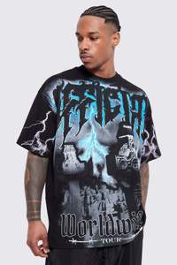 T-shirt noir à manches courtes pour hommes avec imprimé éclair bleu et motif graphique « Worldwide Tour » sur le devant, haut décontracté d'été - Product Image 1