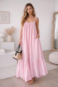 Robe longue rose à fines bretelles, coupe ample, ourlet à volants, en coton, décontractée, pour l'été - Product Image 3