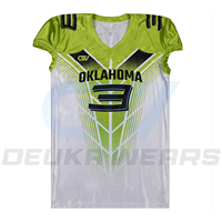 Maillot de football américain personnalisé en gros, col en V, sublimation, logo d'équipe en twill, manches courtes, séchage rapide, extensible dans les quatre sens, 100%