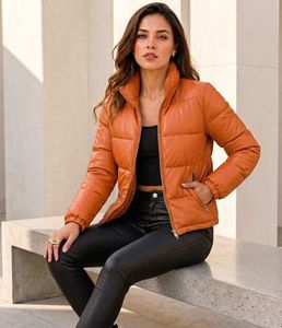 Veste matelassée en cuir PU orange pour femme, col montant, manches longues, fermeture éclair, longueur courte, pour l'automne - Product Image 1